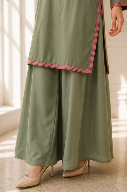 Elegant olive green women’s dress in soft Lilan fabric with pink floral embroidery — Sashawardrobe