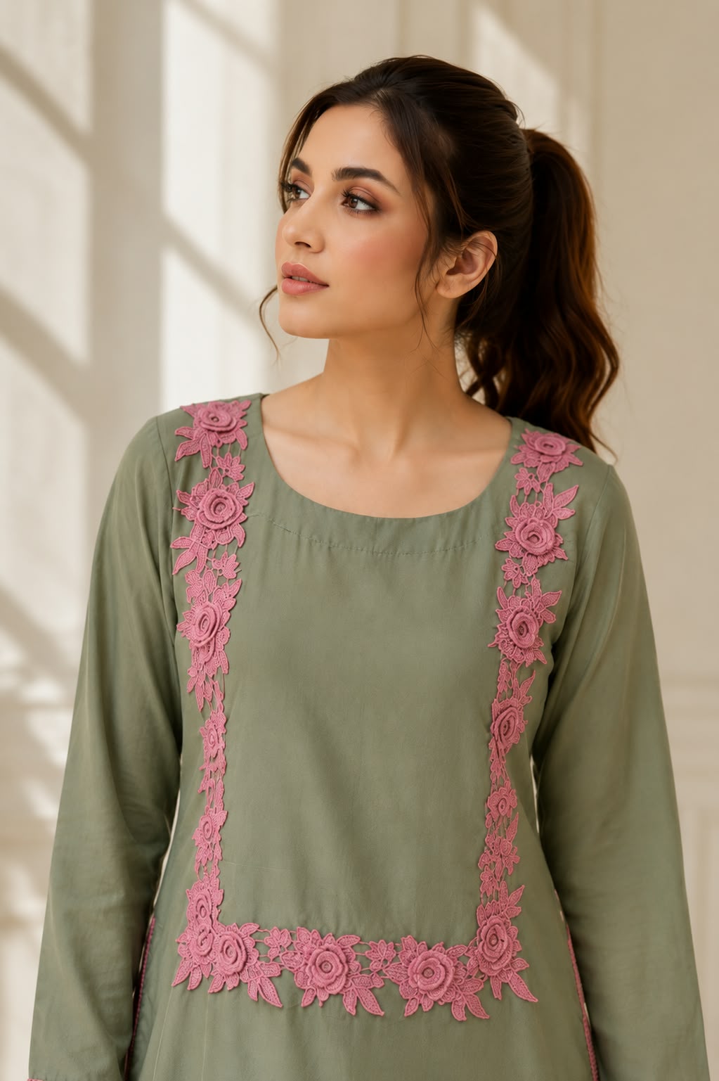 Olive green Pakistani 2-piece suit with floral pink embroidery, long shirt and wide-leg flapper trousers