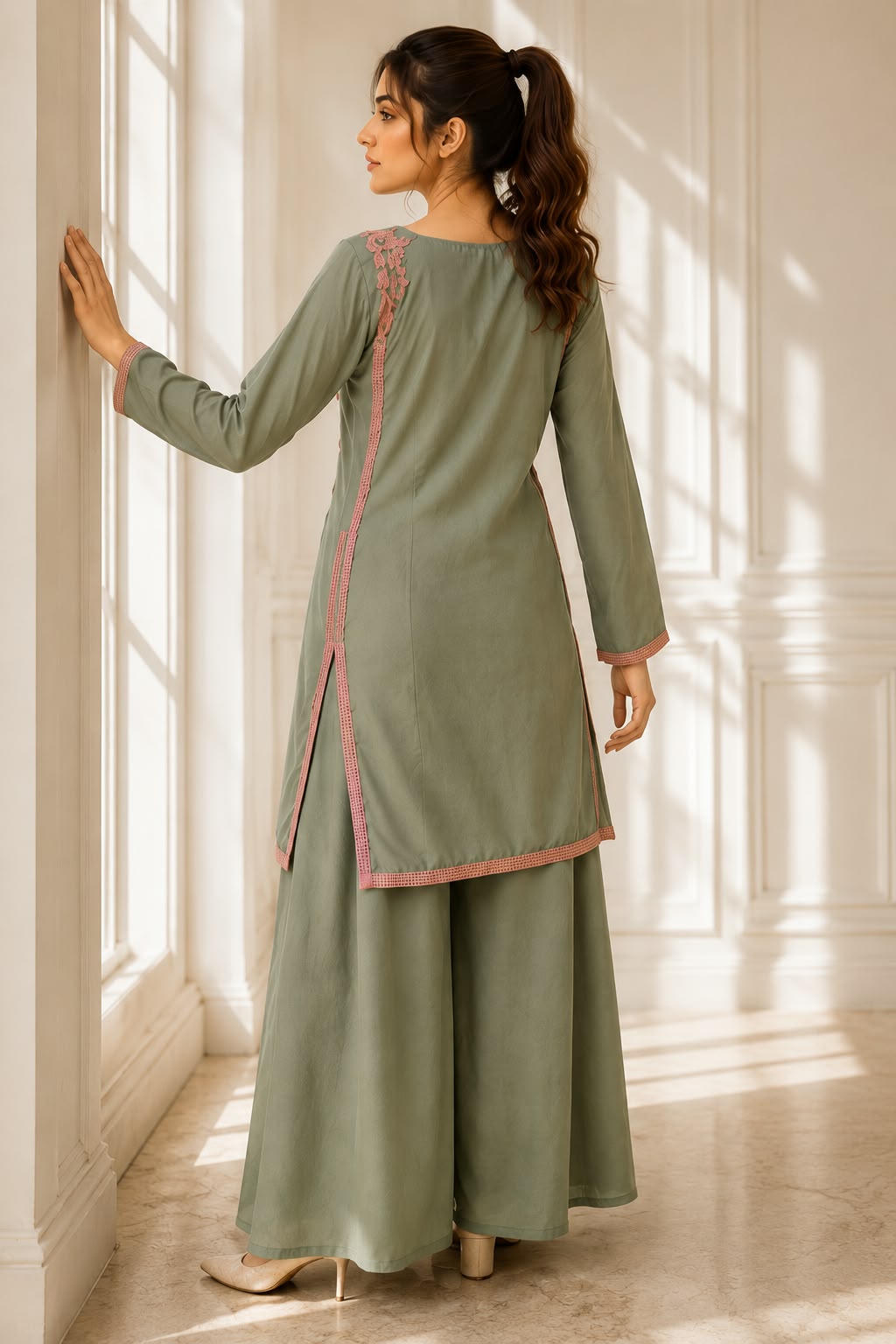 Olive green embroidered 2-piece Pakistani outfit for women with pink floral appliqué and flapper trousers