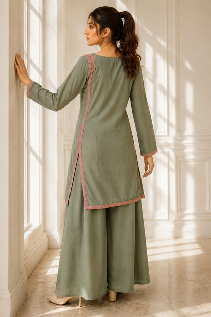 Olive green embroidered 2-piece Pakistani outfit for women with pink floral appliqué and flapper trousers