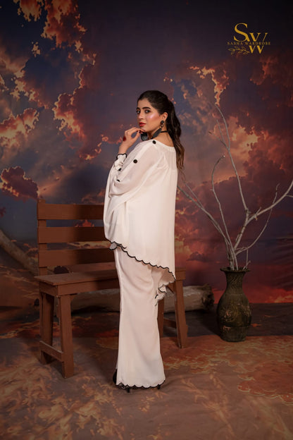 Chic women’s bootcut 2-piece suit crafted from vintage georgette with intricate cutwork embroidered detail