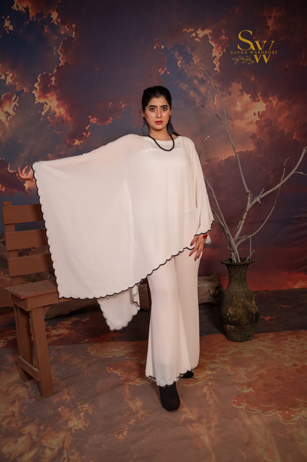 Stylish vintage georgette outfit for women with embroidered shirt, inner lining, and flattering bootcut trousers
