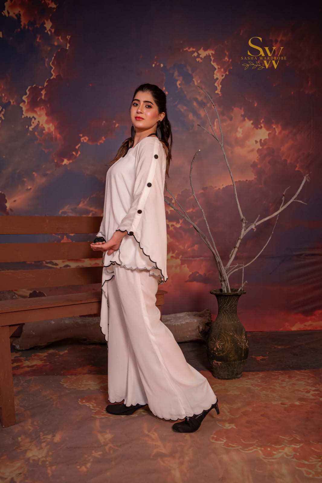 Women’s luxury georgette 2-piece suit with detailed cutwork embroidered shirt and matching bootcut pants