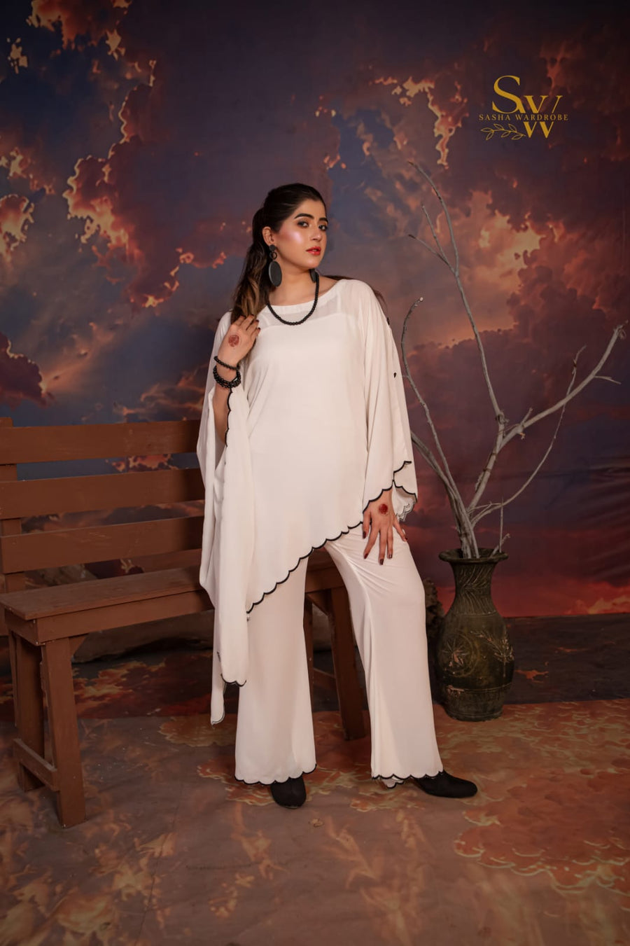 Premium vintage georgette 2-piece outfit with cutwork embroidered shirt and bootcut trousers