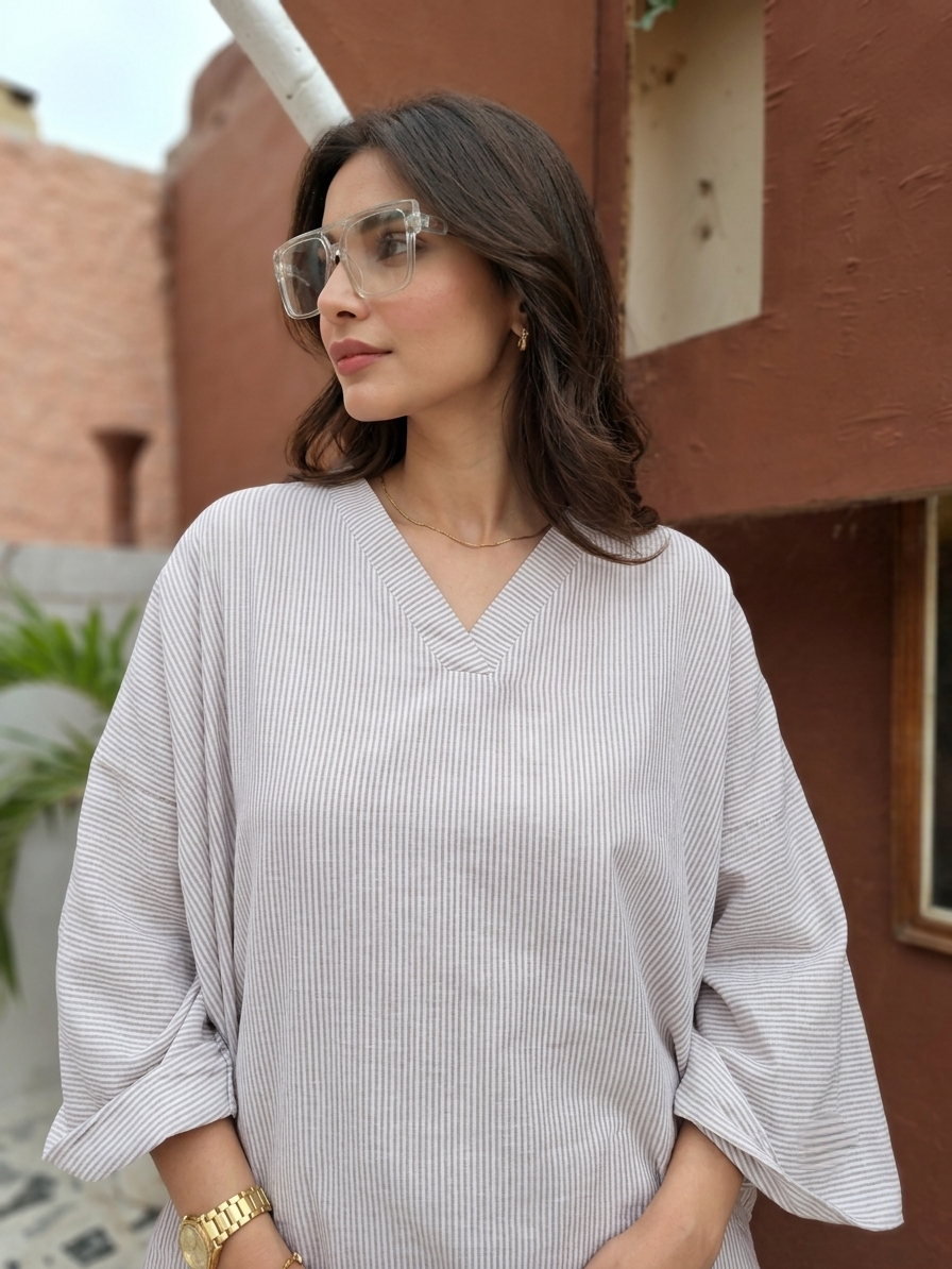 Women’s Lightweight Cheese Cloth Co-Ord Set in Light Grey with Flowing V-Neck Top and Wide-Leg Bottom