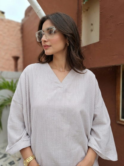 Women’s Lightweight Cheese Cloth Co-Ord Set in Light Grey with Flowing V-Neck Top and Wide-Leg Bottom